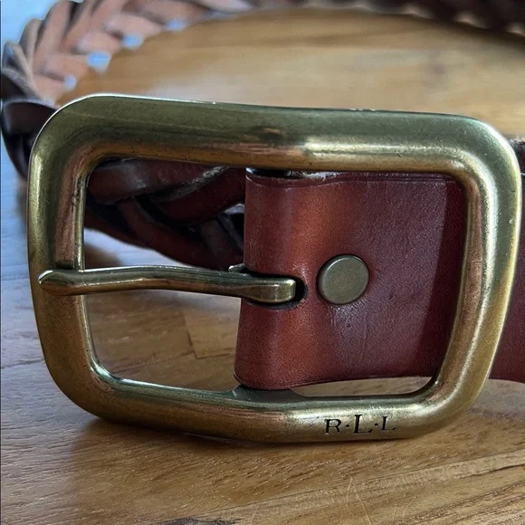 Ralph Lauren Braided Leather Belt in Brown with Brass Buckle - Picture 7 of 9